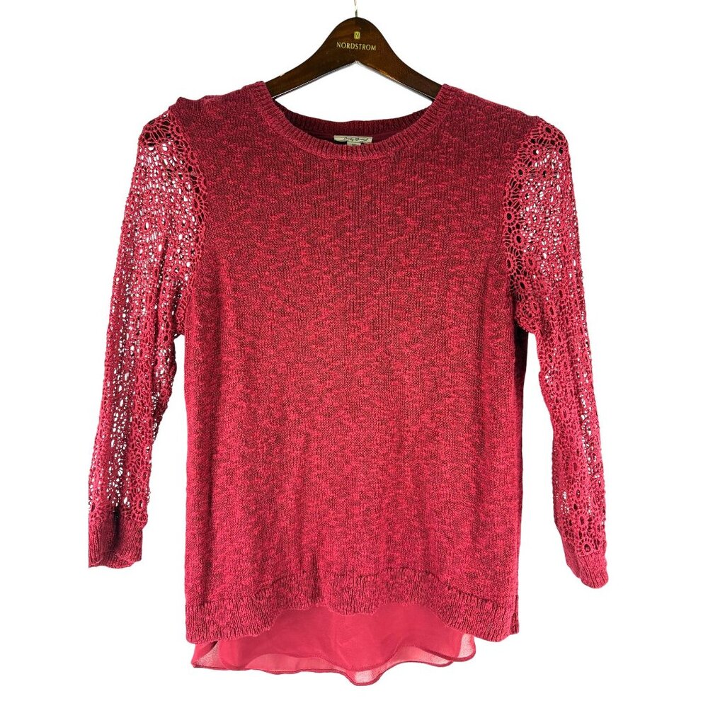 Boho Cottage Feminine Sheer Lucky Brand Crochet Knit Red Sweater, Women's Medium